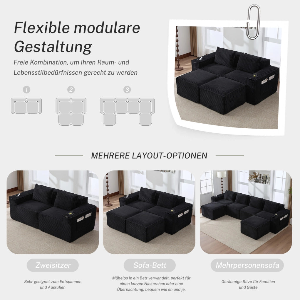 Divano modulare in velluto a coste nero con 2 pouf e portabevande