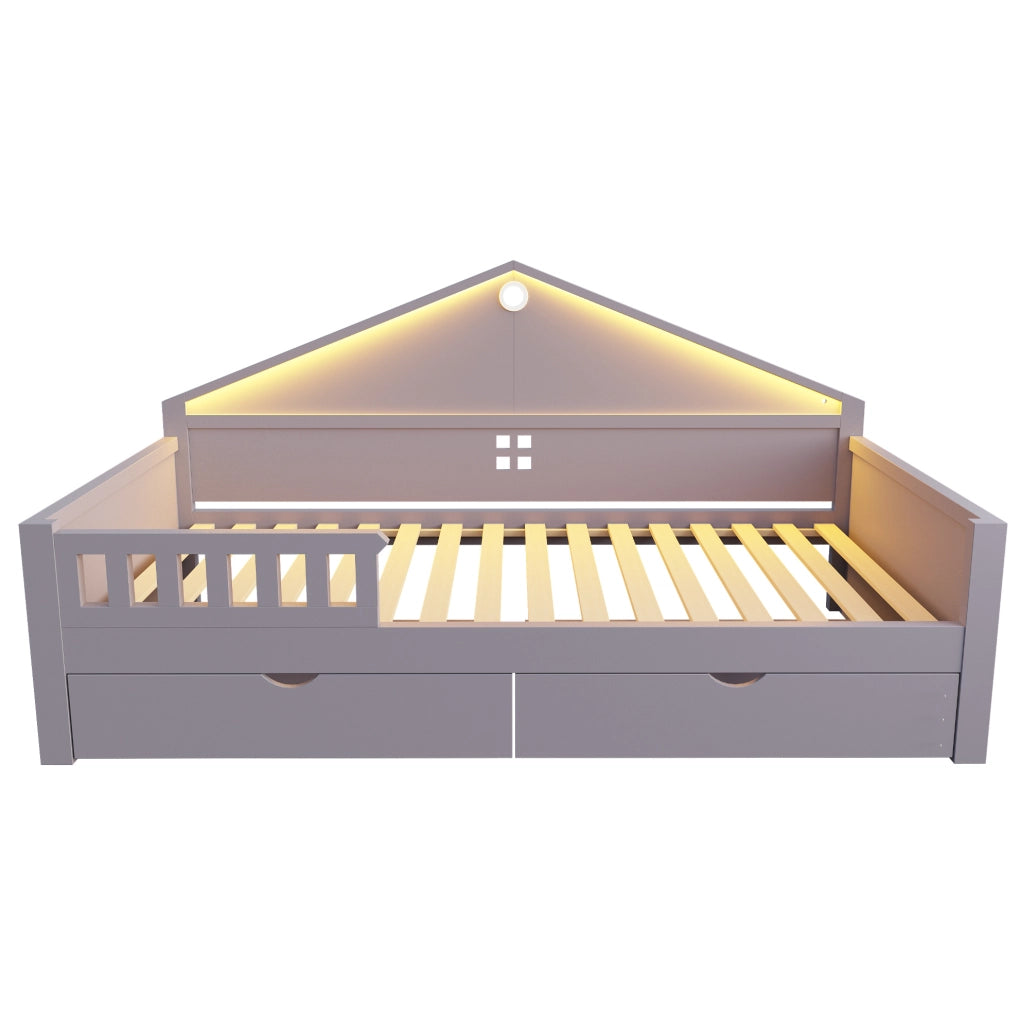 Letto singolo ULEVR 90x200 cm con LED controllabile da smartphone e 2 cassetti, grigio
