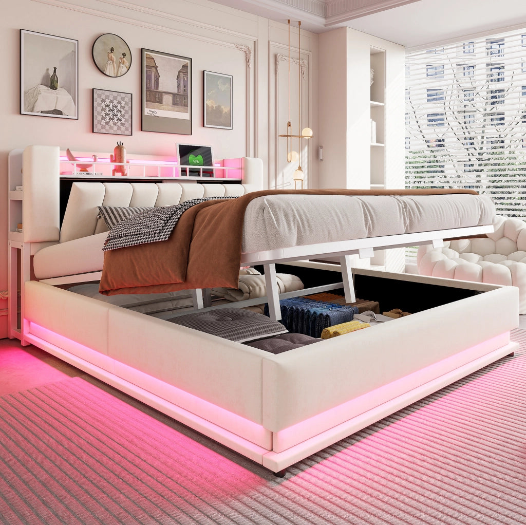 Letto imbottito matrimoniale 180x200 cm con LED; porte USB e contenitore idraulico; beige
