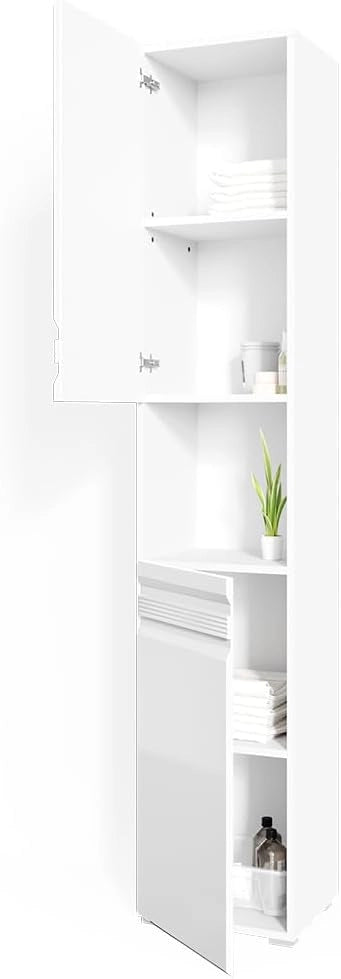 Mobile bagno alto Fredd, Bianco lucido, 36.4 x 190.5 cm, a parete con due ripiani interni regolabili