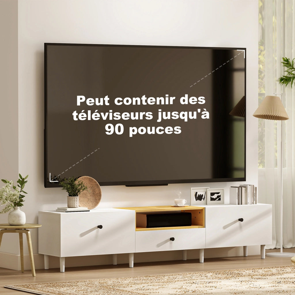 Mobile TV per televisore fino a 90 pollici con 2 ante e cassetto ¨C zephmum ¨C 200x35x45 cm bianco