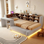Letto imbottito 90x200 cm con LED, prese integrate e ripiani in velluto grigio chiaro