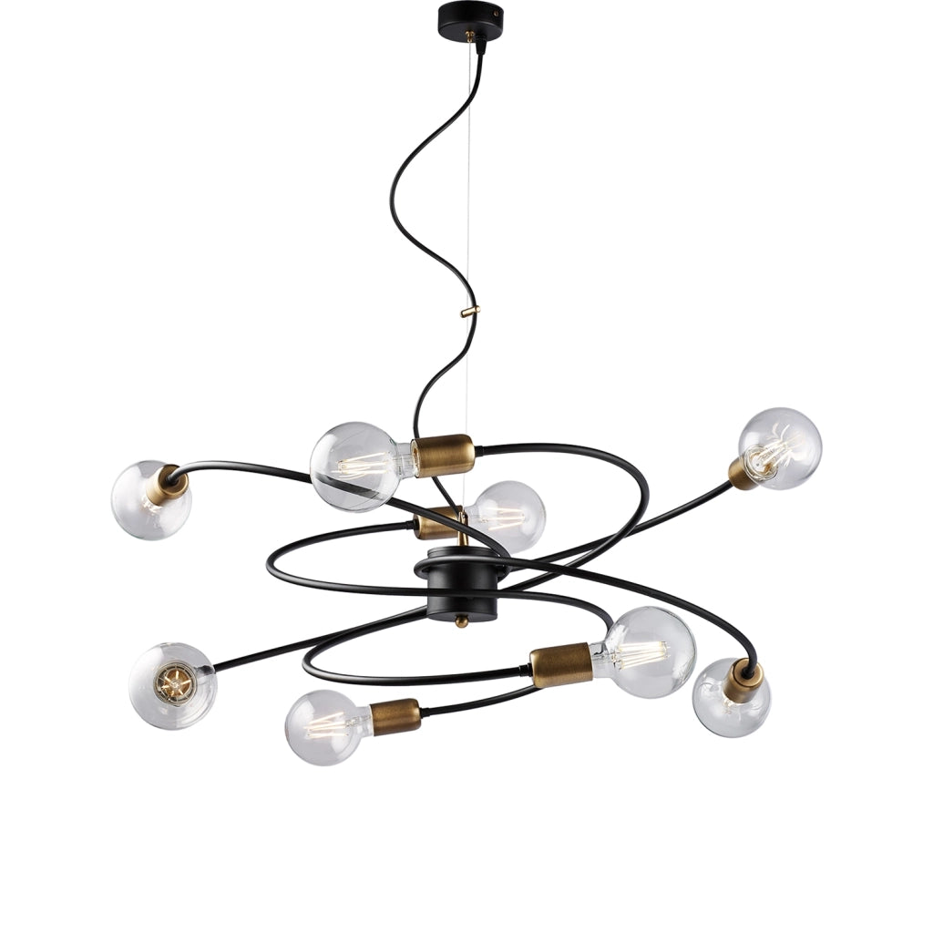 Sospensione Industrial 8 Luci Vortex Ferro Nero E Ottone Brunito