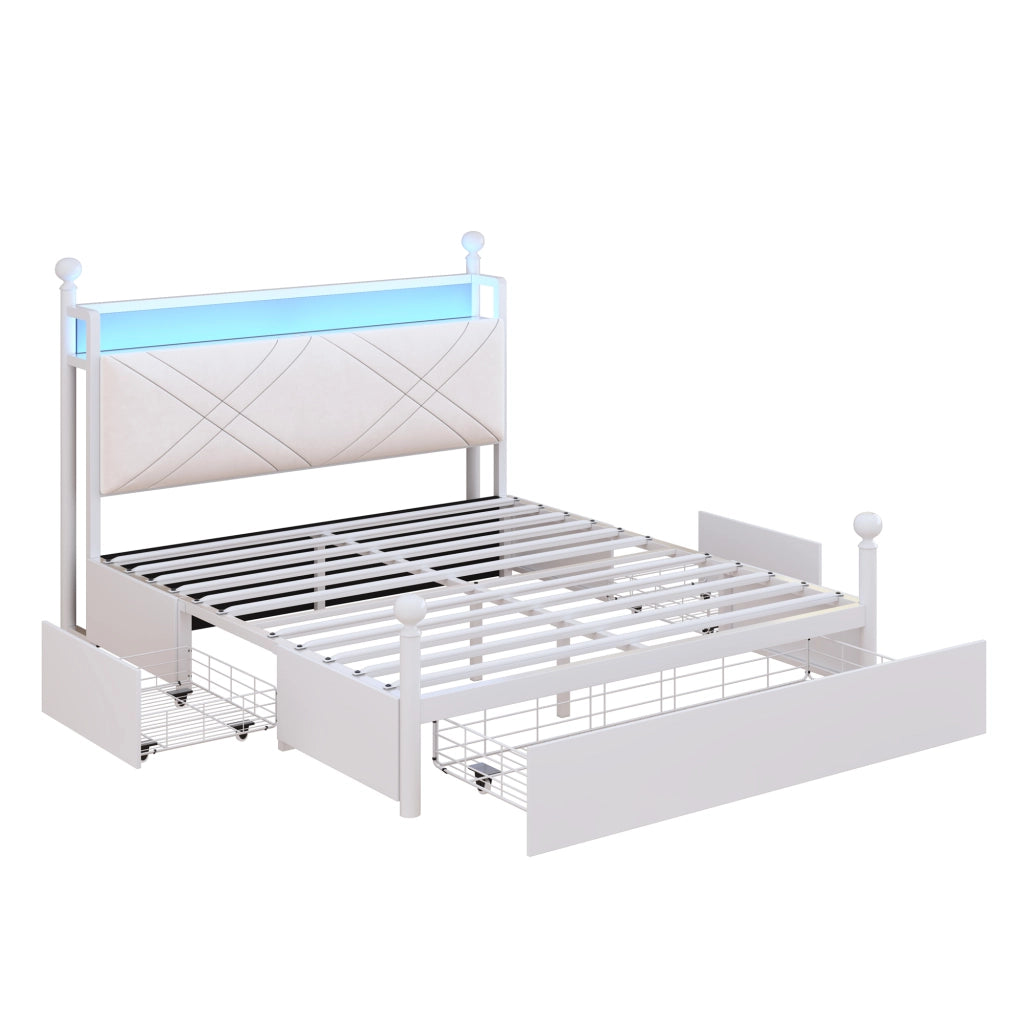 Letto matrimoniale 140×190 cm con contenitore; 3 cassetti; LED; USB e Type-C; senza materasso; bianco
