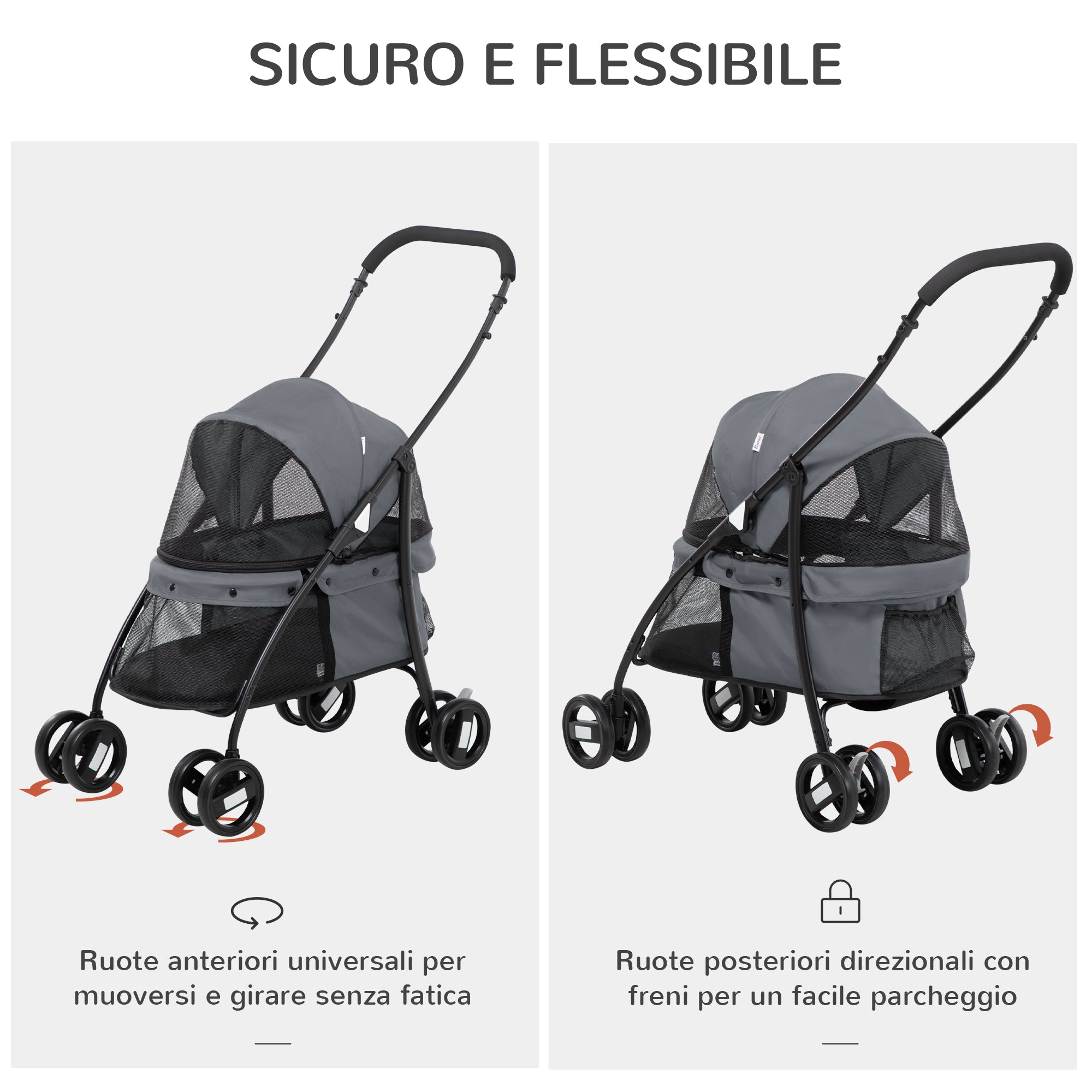 Passeggino per Cani Pieghevole 82x47x97 cm con Borsa e 2 Guinzagli Grigio e Nero