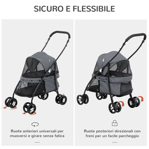 Passeggino per Cani Pieghevole 82x47x97 cm con Borsa e 2 Guinzagli Grigio e Nero