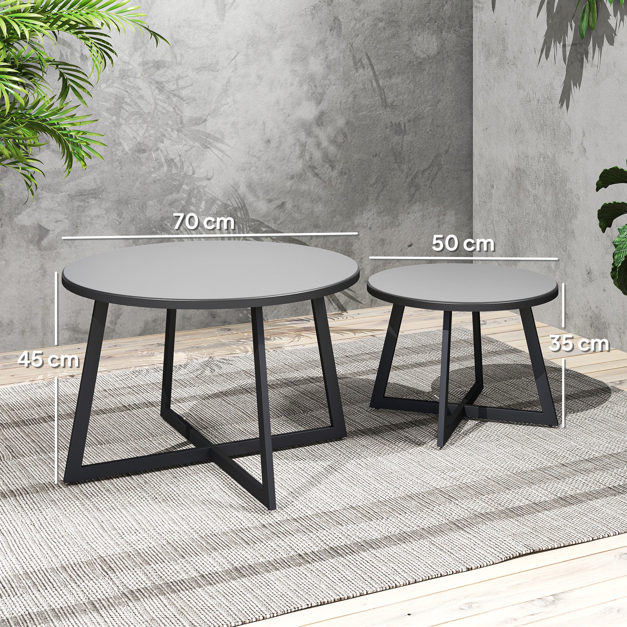 Set 2 Tavolini per Esterni Ø70x45 cm e Ø50x35 cm con Piano in Vetro Grigio