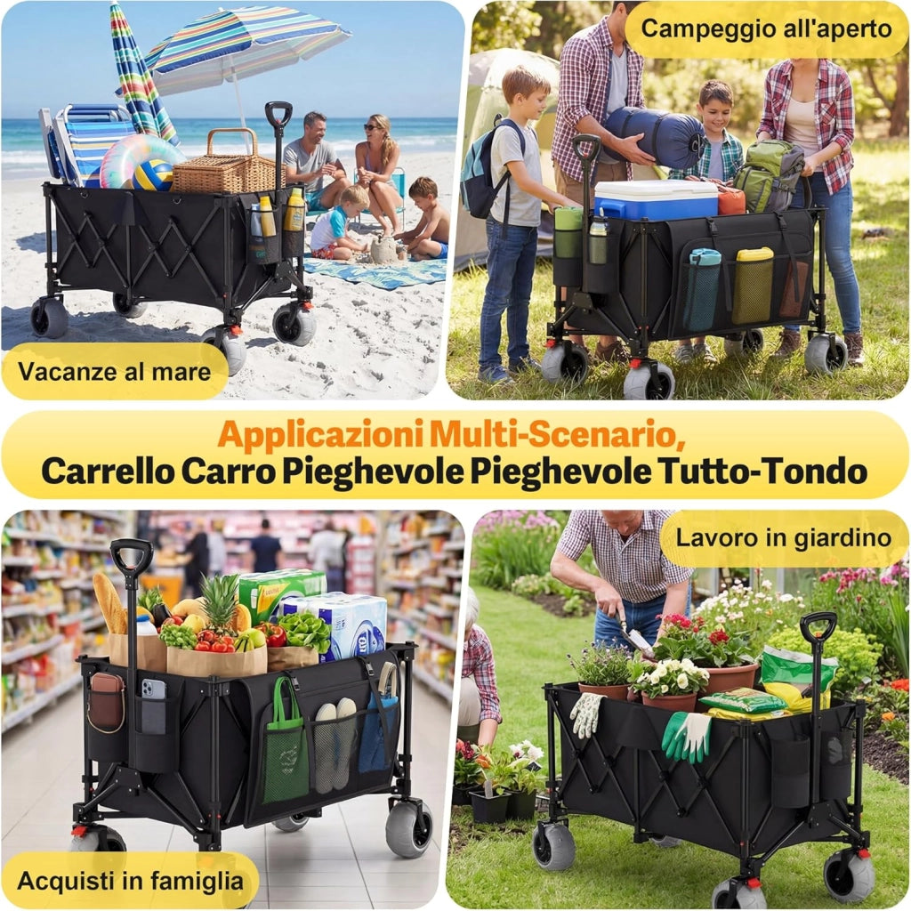Carrello da Spiaggia Pieghevole 200L 150KG, Carrello Spiaggia per Tutti i Terreni con Ruote PU Extra Larghe 21.5x10 cm, Carretto Pieghevole Maniglia Regolabile 90° per Spiaggia, Campeggio(Nero)