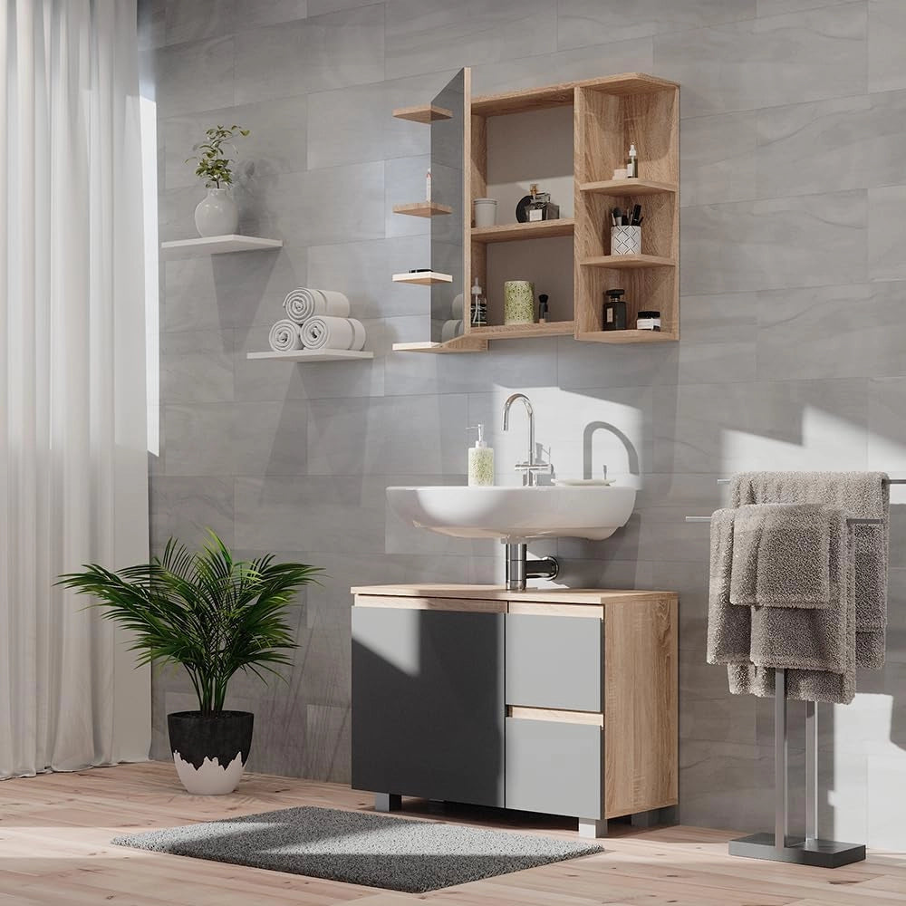 Specchio contenitore bagno Fynn, Sonoma, 79.6 x 64 cm, con specchio e ripiani aperti per montaggio a parete