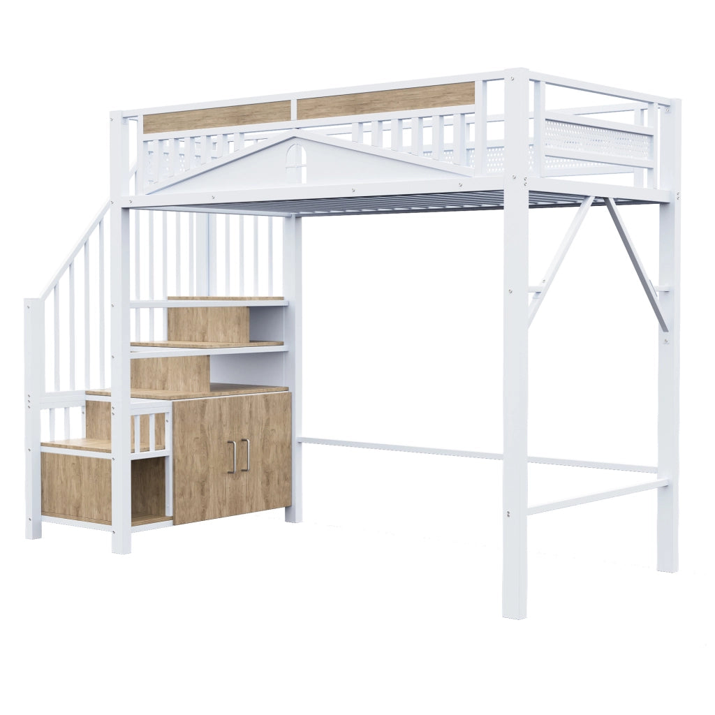 Letto a soppalco 90x200 cm in metallo e legno; con scala contenitore; bianco