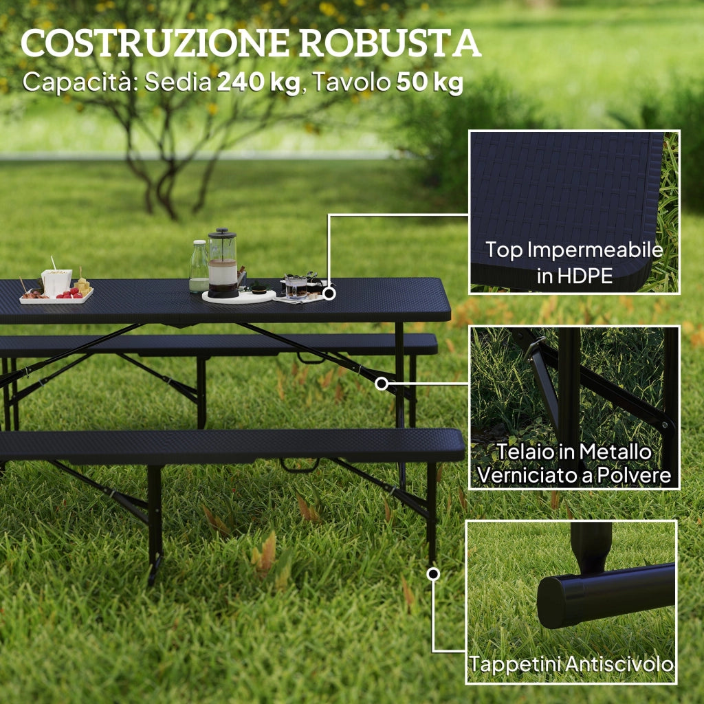 Set da Pic Nic Pieghevole a 3 Pezzi con Tavolo e 2 Panche in HDPE e Metallo Nero