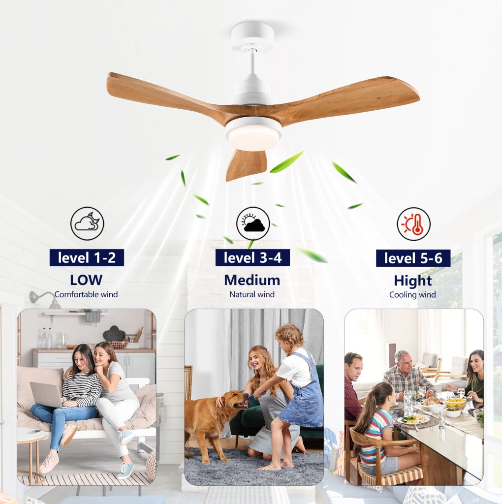 Ventilatore da soffitto con luce e telecomando; 3 pale in legno massello; bianco e naturale