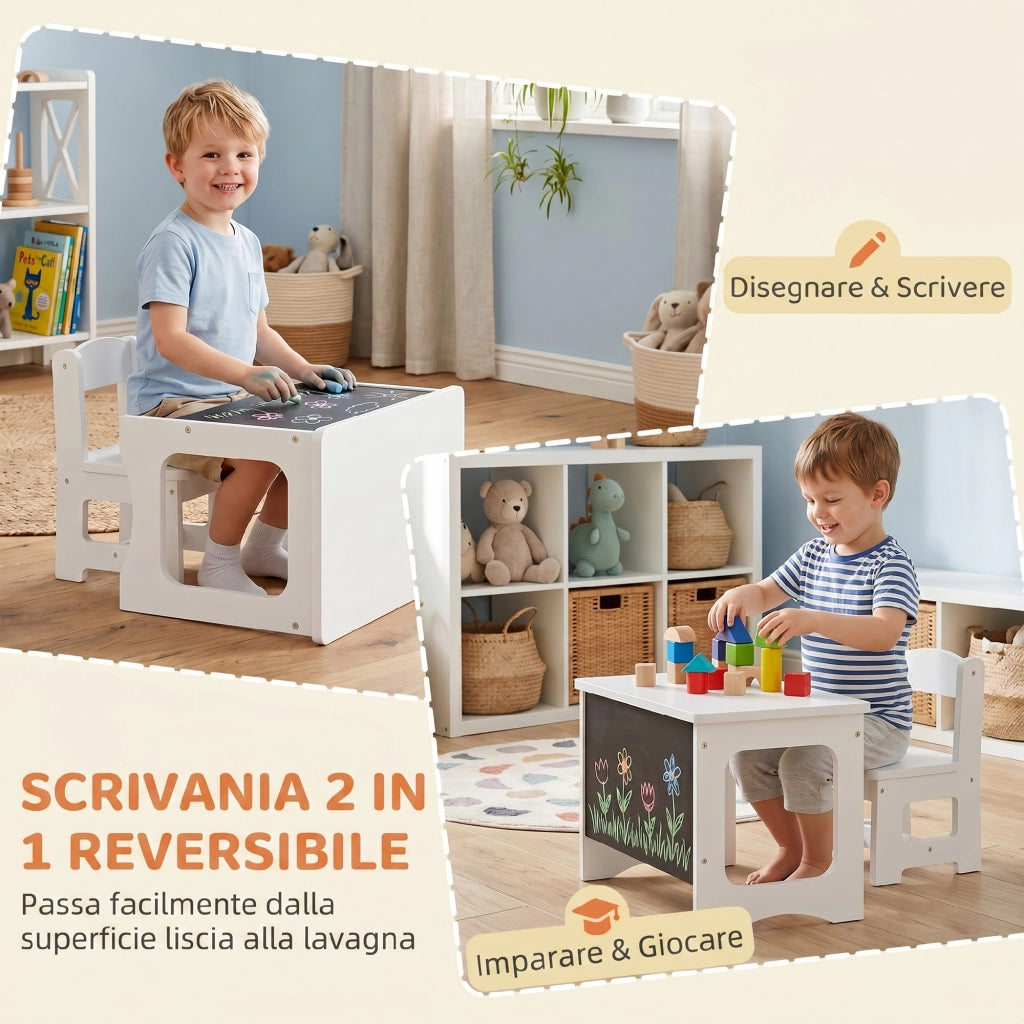 Set Tavolo e Sedia per Bambini 3-6 Anni con Piano Reversibile in Legno Bianco