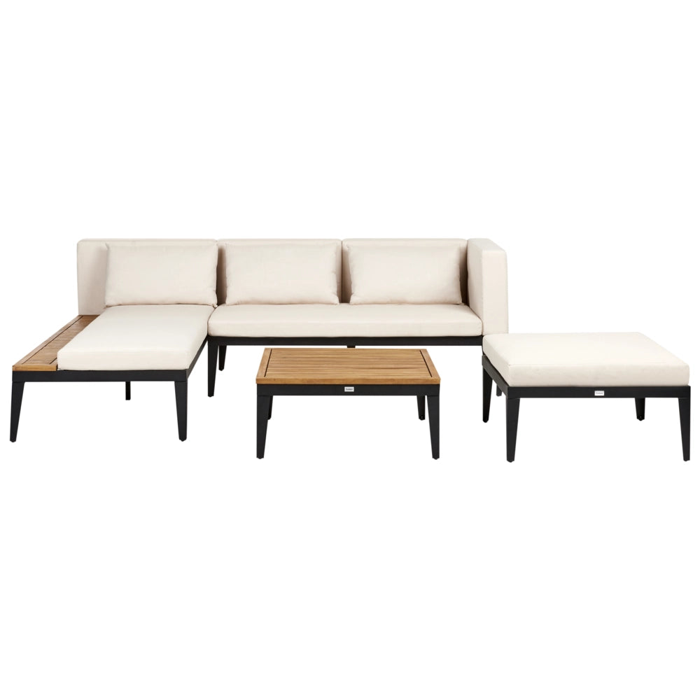 Set da giardino 3 posti in legno di acacia certificato con divano angolare tavolino e cuscini beige chiaro lato sinistro con ottomano