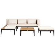 Set da giardino 3 posti in legno di acacia certificato con divano angolare tavolino e cuscini beige chiaro lato sinistro con ottomano