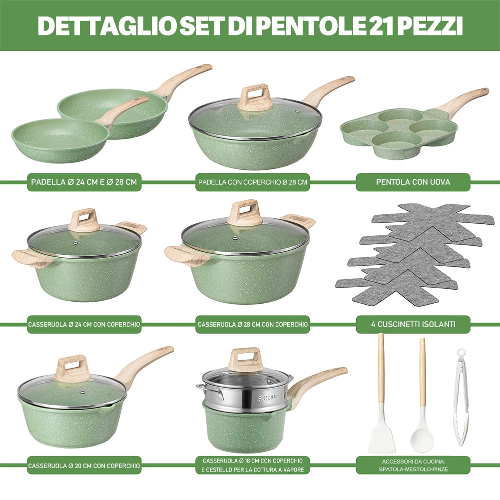Batteria Pentole e Padelle 21 Pezzi in Alluminio Pressofuso Antiaderente Verde