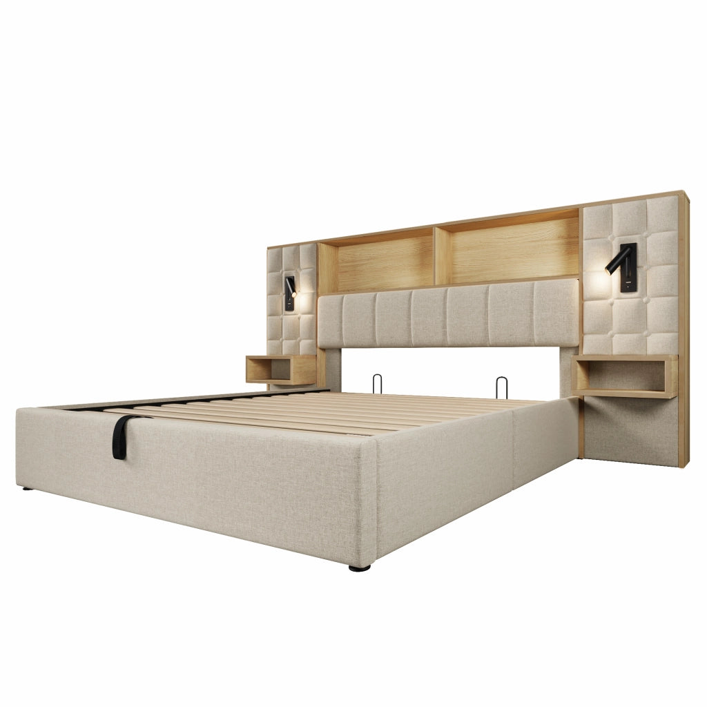 Letto Contenitore 180 x 200 cm; Letto Matrimoniale - USB; Type-C e 2 Luci - Beige