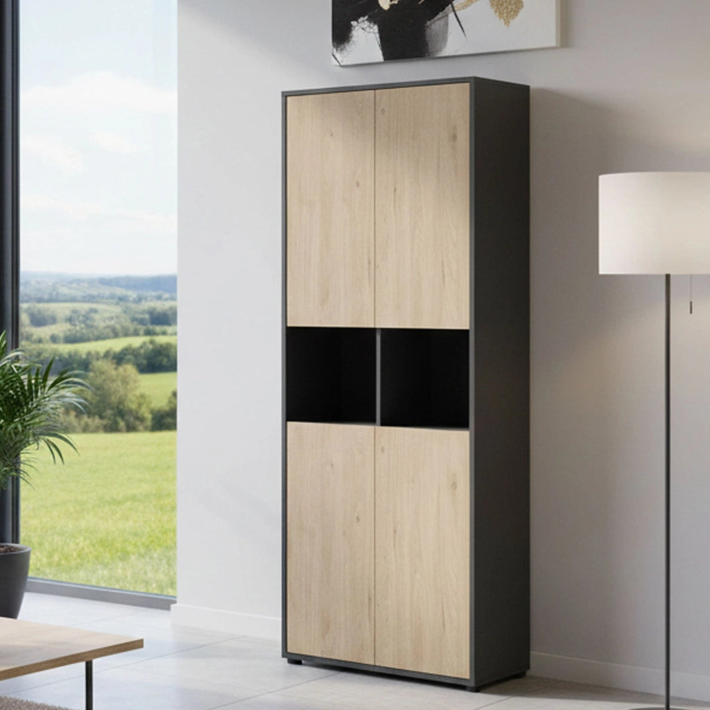 Credenza Pierre, Buffet da soggiorno, Madia da salotto, Dispensa da cucina, 80x34 h205 cm, Rovere e Grigio