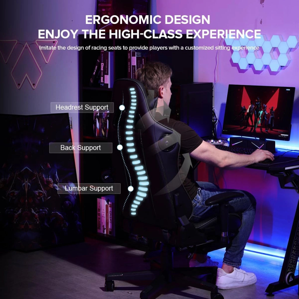 Sedia da gaming, con poggiapiedi, altoparlante Bluetooth, ergonomica, da ufficio, da scrivania, con schienale regolabile, portata 150 kg, colore: nero