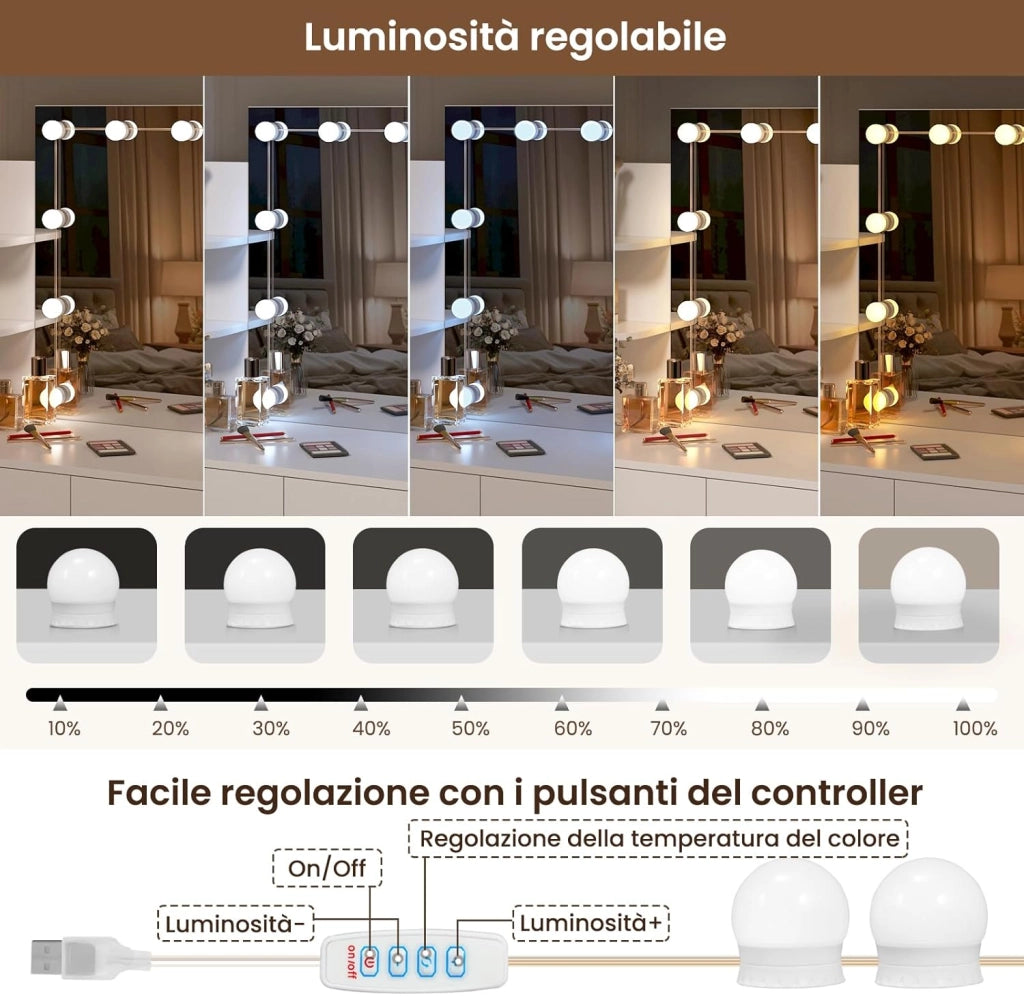 Toeletta Trucco con Specchio, Luci LED Luminosità Regolabile, Sgabello Girevole, 108x40 cm, Tavolo da Trucco Bianco con 2 Cassetti e 4 Ripiani, in Legno, MB6106ws