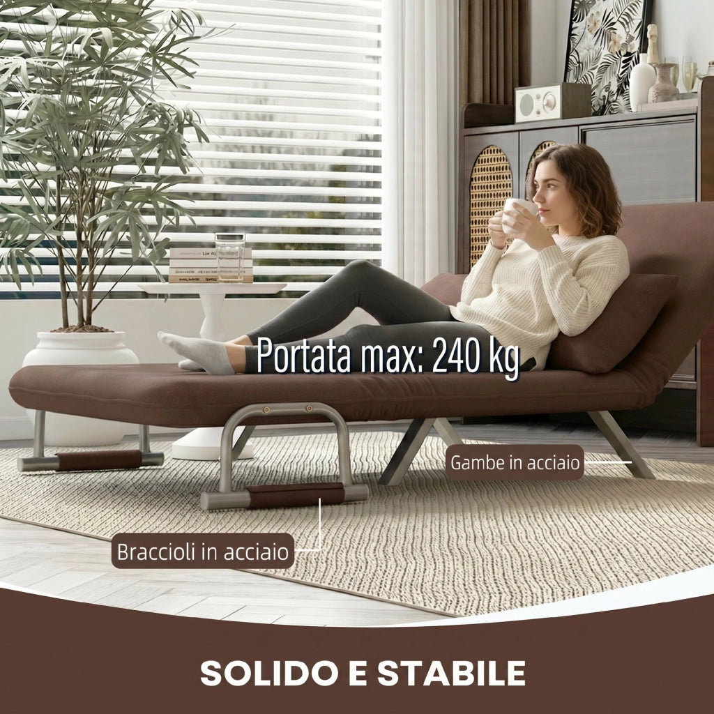 Divano Letto 2 Posti 111x80x78 cm Schienale Regolabile e 2 Cuscini in Finta Pelle Scamosciata Marrone