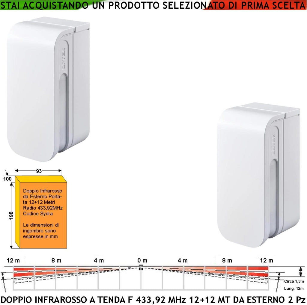Doppio Sensore Infrarosso a Tenda da Esterno Allarme 2 Pezzi Rileva Movimento 12+12 Metri Lineari Via Radio F 433,92 MHz Anti Jamming Secur Lysa GSM Protezione Bidirezionale Impalcature Porticati IP55