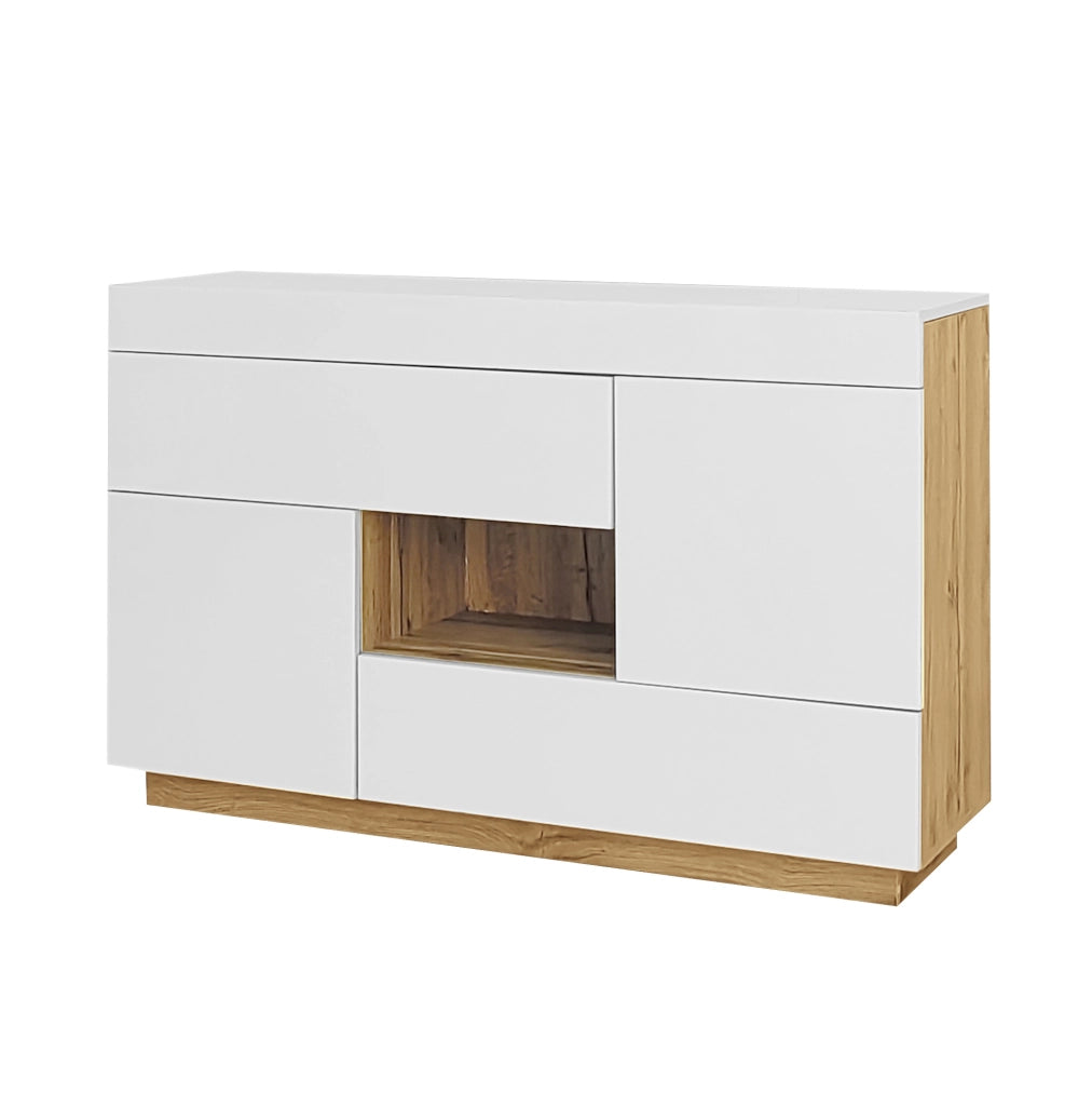 Credenza bianca con LED RGB, 2 ante e 2 cassetti, 120 cm