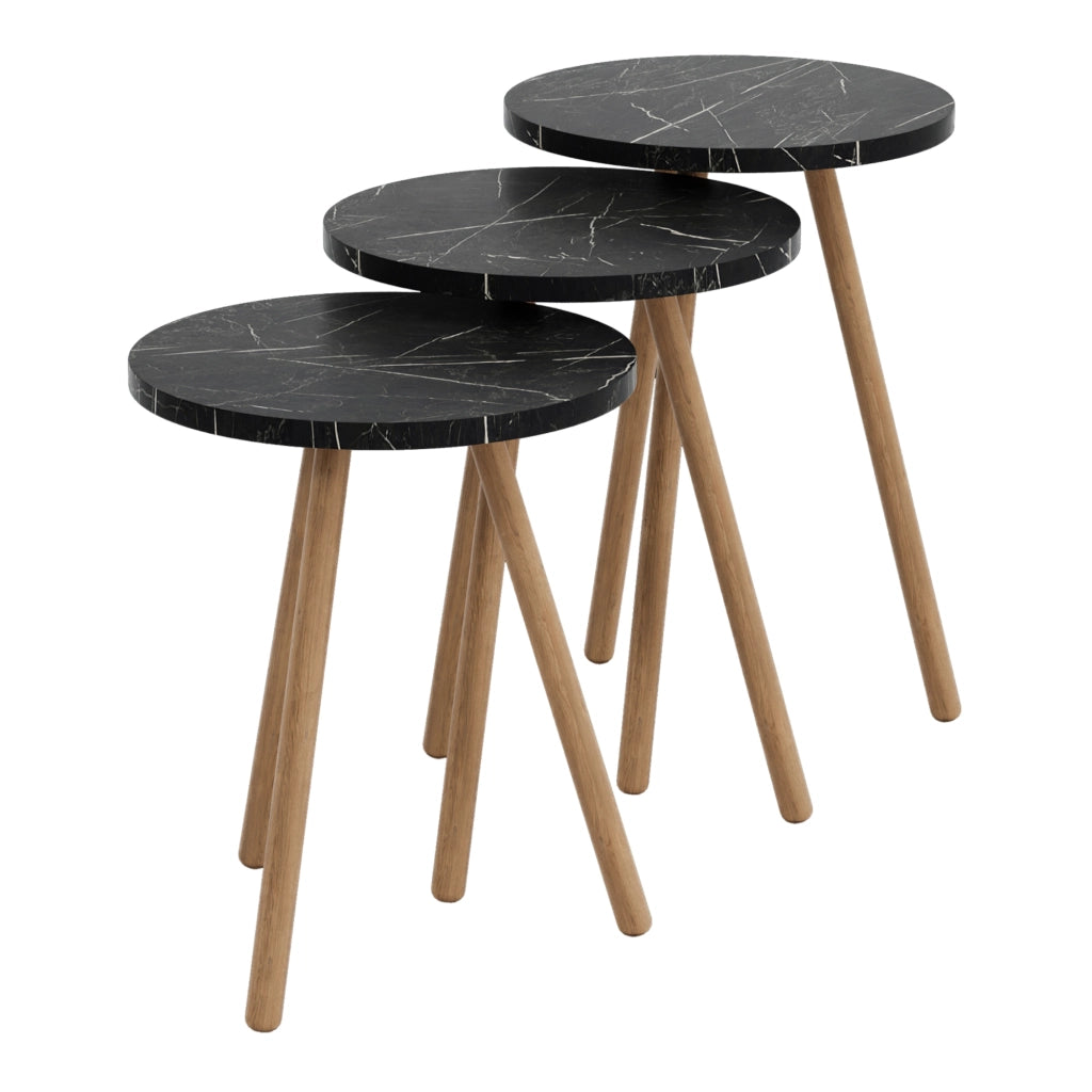 Set di 3 Tavolini Bassi da Salotto 'Hjørring' in Altezze Diverse con Piani Rotondi e Treppiede in Faggio - Marmo Nero [en.casa]
