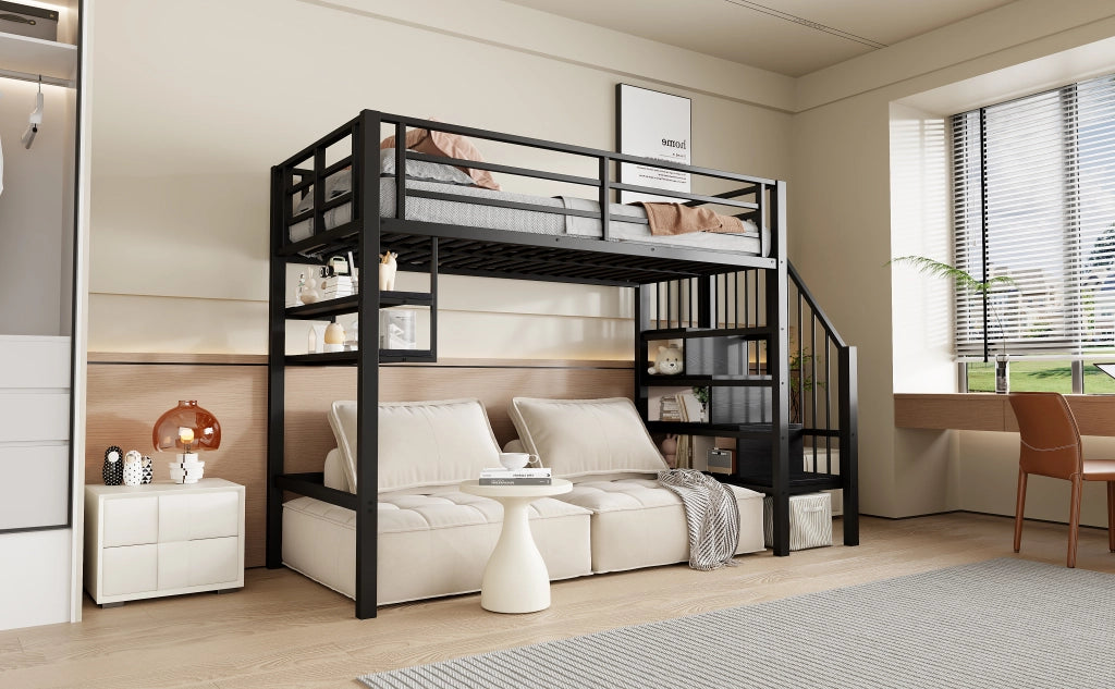 DESMIU Letto a soppalco per bambini 1 posto con scaffali, scala contenitore e barriera 90 × 200 cm, senza materasso