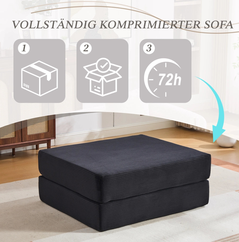 Pouf poggiapiedi in velluto a coste nero; convertibile in letto singolo; 109 x 95 x 43 cm