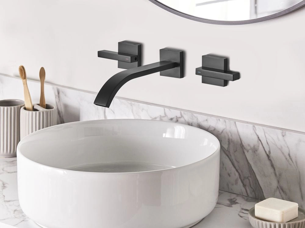 Rubinetto Miscelatore per lavabo a parete in ottone nero 3 fori per rubinetti doppia leva