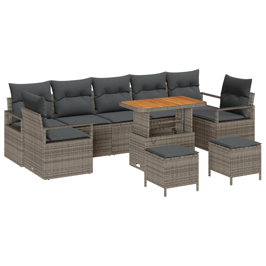Set Divano da Giardino da 10 Pezzi con Cuscini Grigio in Polyrattan Acacia