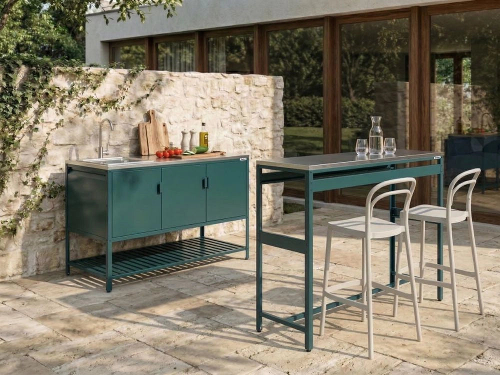 Armadietto da giardino in acciaio a 3 ante con piano in acciaio inox verde giardino cucina esterno