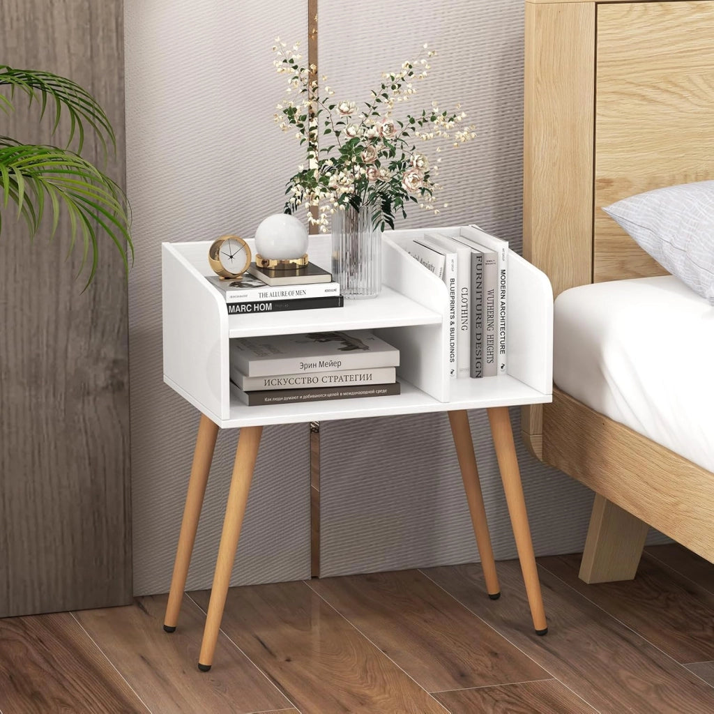 Comodino, comodino con 3 scomparti aperti, tavolino in legno con 4 gambe di supporto in metallo, comodino per soggiorno, camera da letto, 50 x 32 x 58 cm (bianco + naturale)