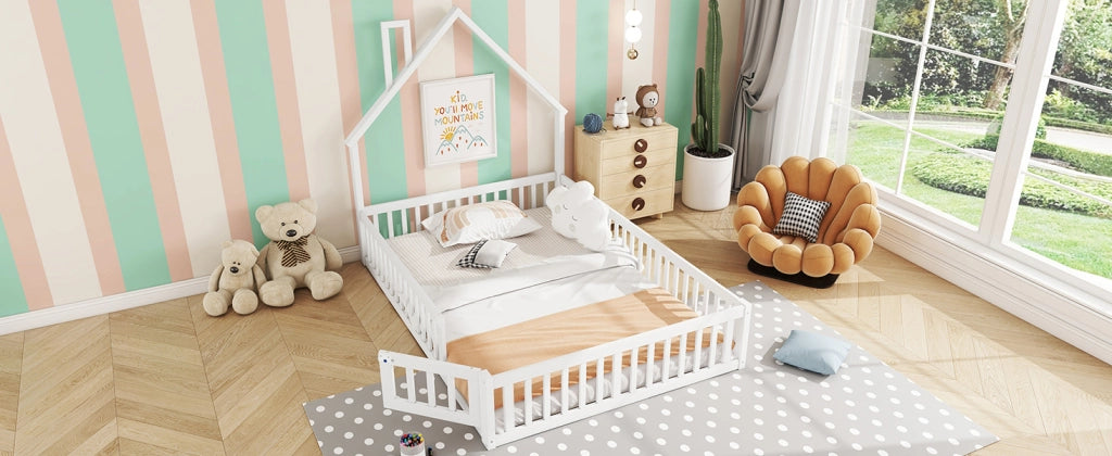 DESMIU Letto per Bambini 140 × 190 cm 2 Posti con Sponde di Sicurezza, Senza Materasso, in Pino e MDF, Bianco