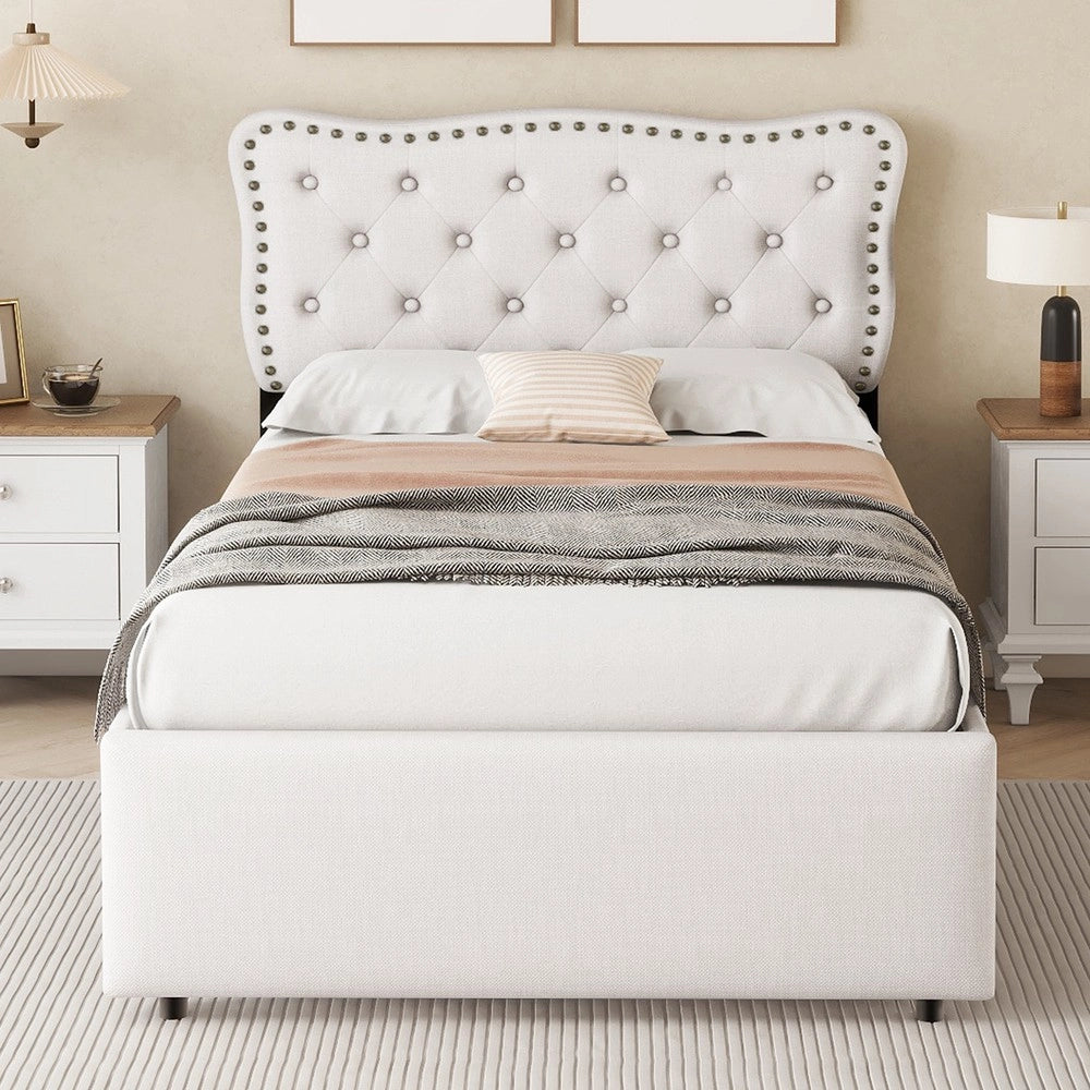 Letto Imbottito con Cassetti 90x200 ¨C MINIMAL ¨C Beige, Testiera con Borchie