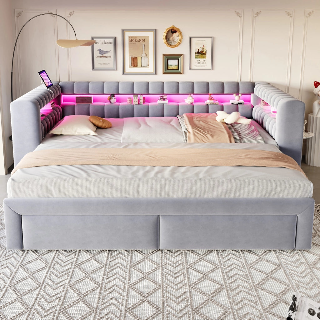 Divano letto con letto estraibile e cassetti, 90/180x190 cm, grigio chiaro