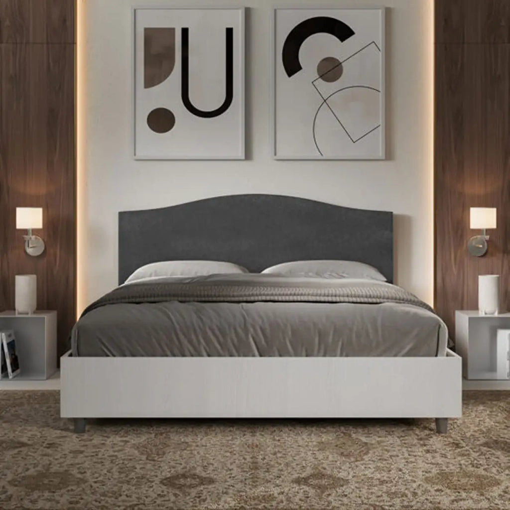 Letto matrimoniale con rete 160x200 bianco frassino testata microfibra grigio Grace