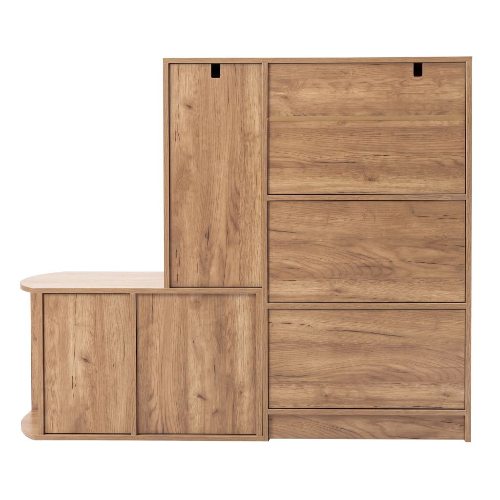 Scarpiera, mobile da ingresso, con seduta, cassetti, ripiani aperti, 130 x 35 x 110,5 cm, color legno naturale