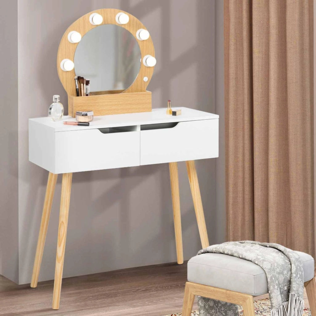 Toeletta con specchio e 2 cassetti scandinavo in legno e bianco con specchio HORIA