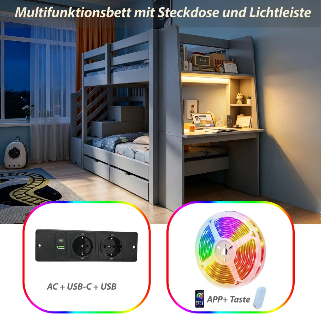 Letto a castello 90x200 cm con scrivania; libreria; scala contenitore; LED e cassetti; grigio