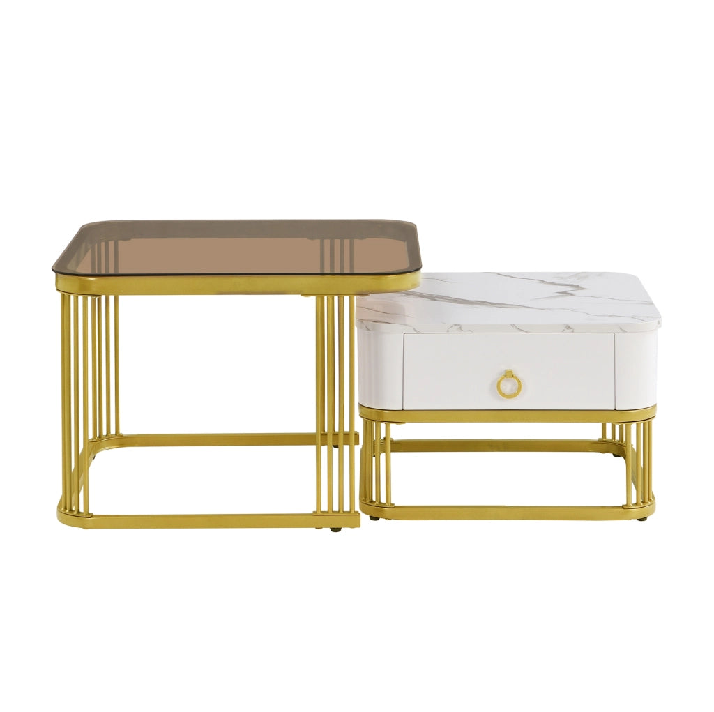 Set di 2 tavolini da caffè modulari bianchi e oro con piano effetto marmo e cassetto