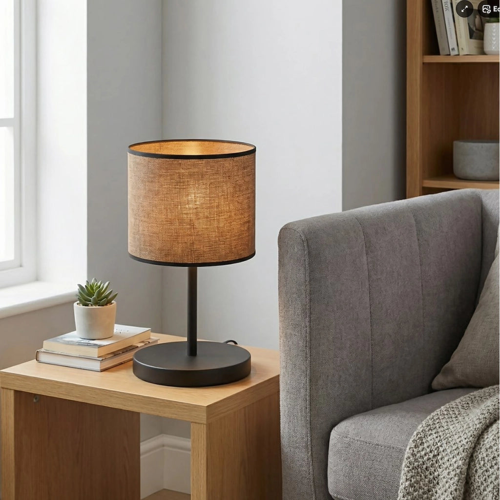 Lampada da tavolo ECO in acciaio nero opaco e tessuto marrone