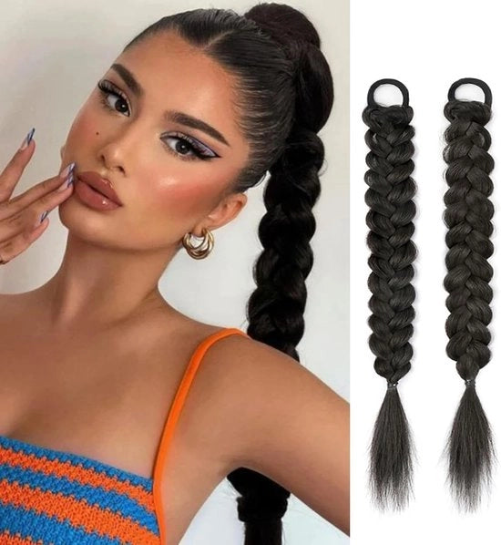 Due estensioni di coda a nodi con elastici per capelli - 40 cm nero naturale
