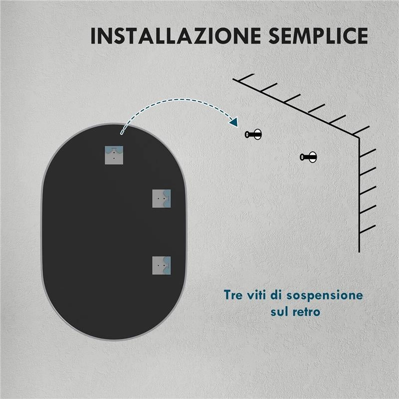 SPECCHIO BAGNO OVALE DA PARETE CON CORNICE IN ALLUMINIO, VERTICALE O ORIZZONTALE, 60X90 CM, ARGENTO