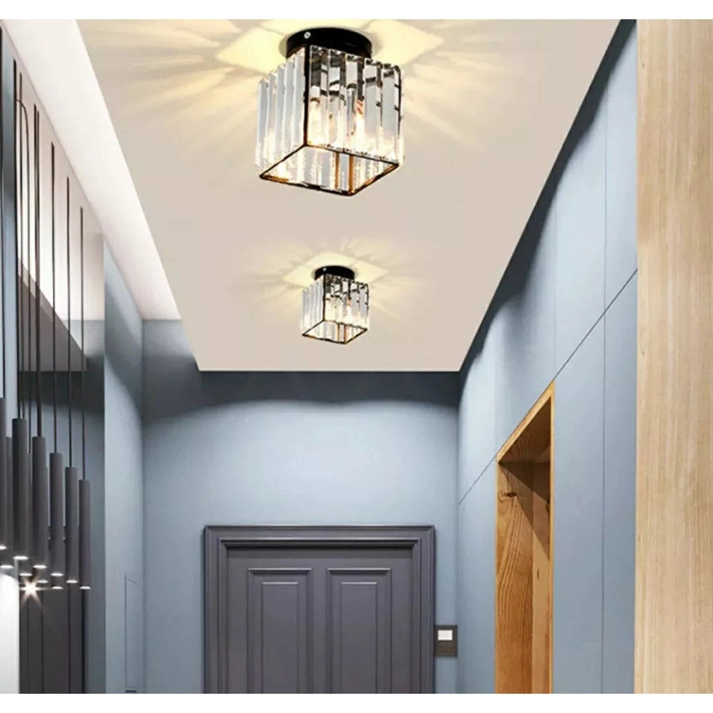 Trade Shop - Plafoniera Lampada Da Soffitto A Cubo Nero Attacco E27 In Cristallo Design Elegante -