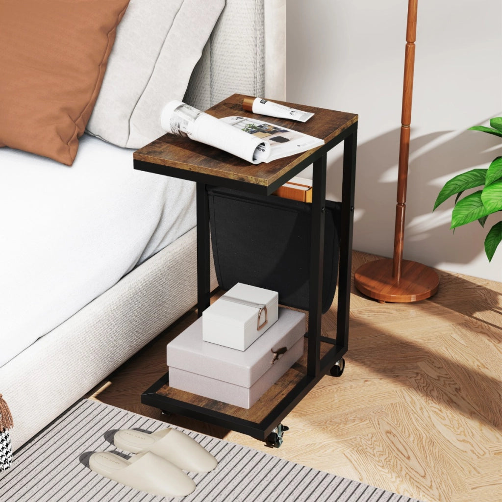 Tavolino da divano industriale a 3 livelli con tasca e struttura in metallo resistente-Tavolino a forma di C su ruote da letto Marrone