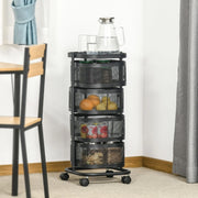 Carrello da cucina con 4 cestelli e ripiano superiore, ruote girevoli, per cucina e camera da letto, nero, 33 × 33 × 77 cm