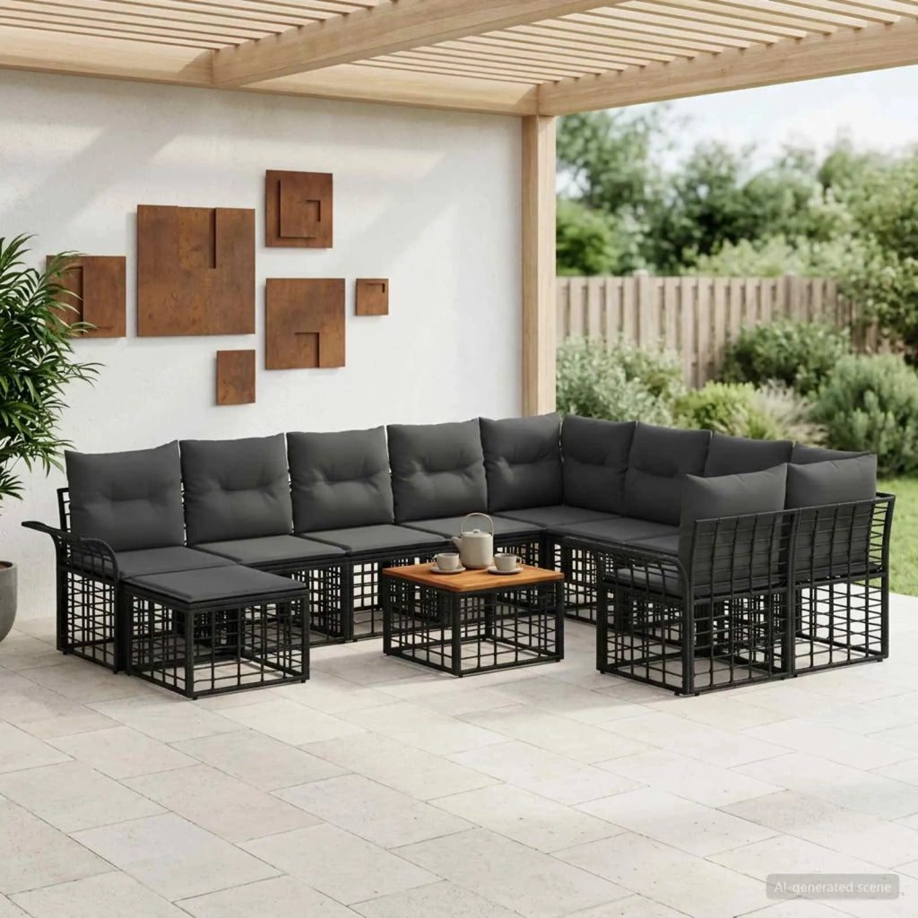Set di divani da esterno 11 pz Nero e Grigio scuro polyrattan 3437819