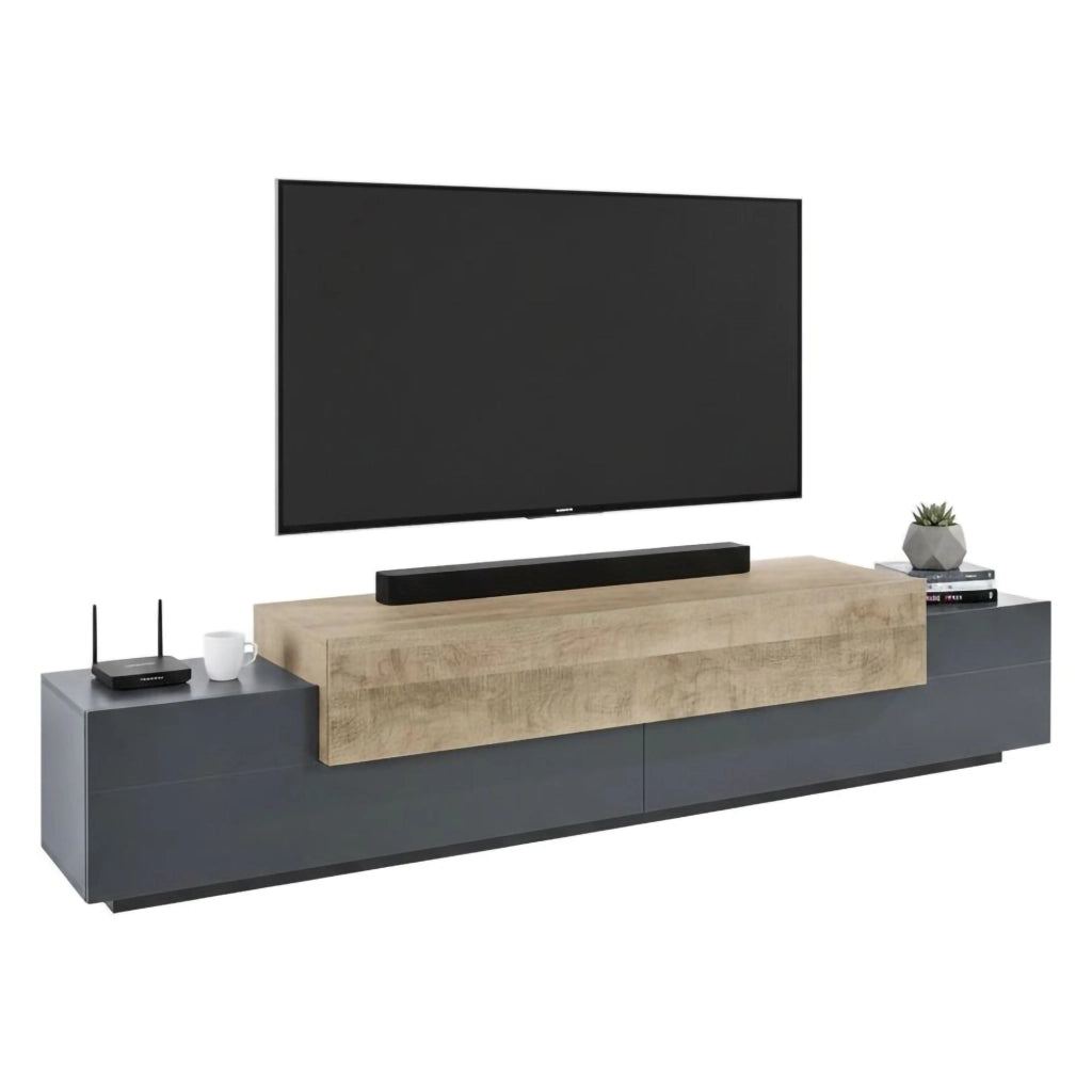 Mobile porta TV Tiche, Credenza bassa da soggiorno, Base porta TV, 100% Made in Italy, cm 240x45h52, Antracite e Acero